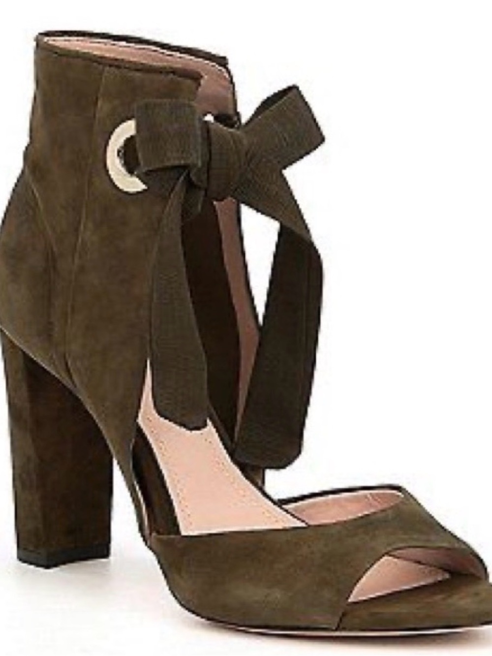 Olive Suede Peep-Toe Block Heel with Ankle Tie